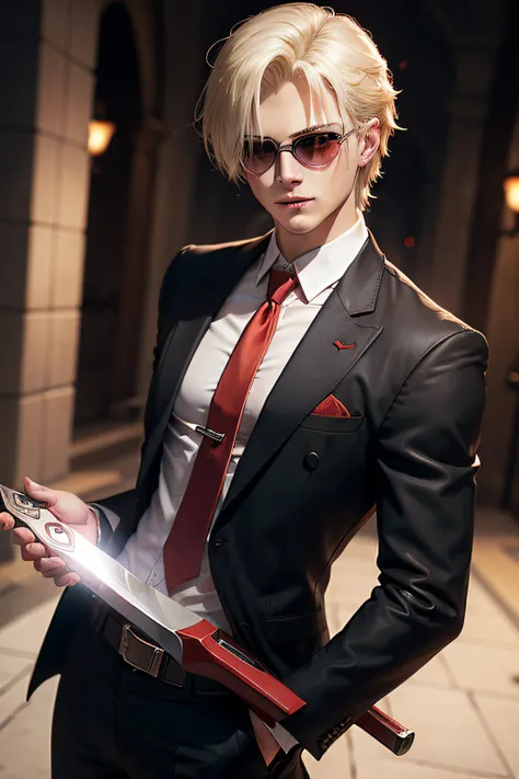 A young man around 18 years old White skin colored blonde wearing a Suit with a red tie, a red sunglasses on his eyes While smirking and holding the Yamato Blade from devil may cry games