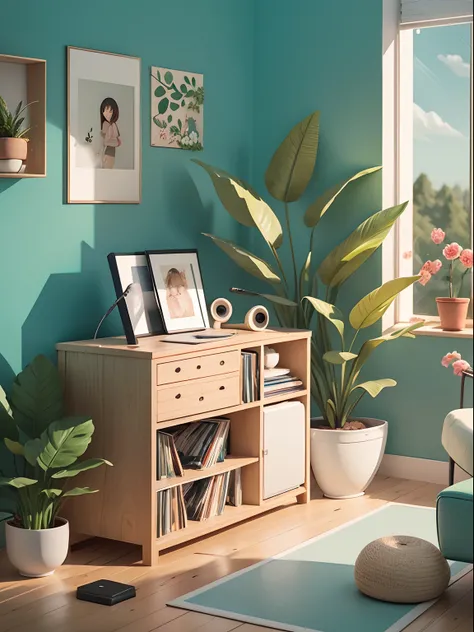 Draw illustrations for listening to record player music in cartoon style. Add natural elements, As plants and flowers, And use a soft color palette to create a relaxing atmosphere.