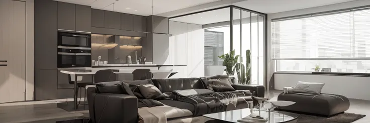 there is a living room with a couch, coffee table, and a kitchen, inside a modern apartment, city apartment, high quality rendering, apartment with black walls, luxury condo interior, luxury hd render, modern interior design, apartment design, luxurious en...