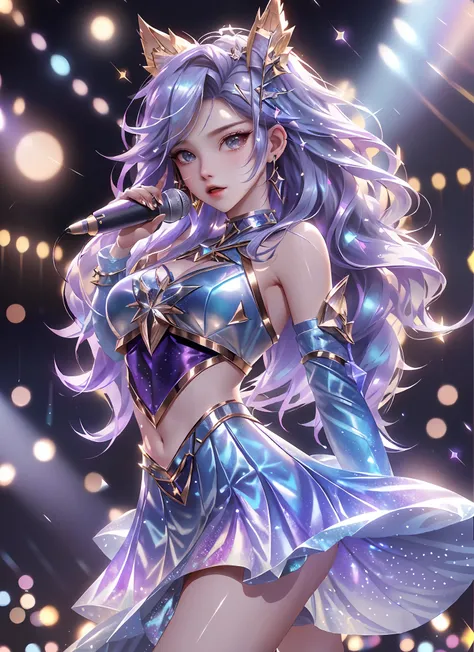 Clean and simple background,（Sing with a microphone：1.5），1girll，sing，Concert，perform， K/Da（league of legend）， 独奏， long whitr hair， short detailed hair， shift dresses，idoly，Stage costumes，be on stage，Cinematic, concert light, Dynamic Angle, beautiful detail...