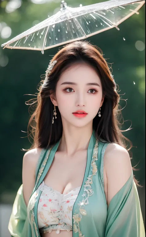 ((Best Quality, 8k, Masterpiece: 1.3)), Focus: 1.2, Perfect Body Beauty: 1.4, Buttocks: 1.2, ((Layered Haircut)), (Wet Clothes: 1.1), (Rain, Street:1.3), (Breasts: 1.2), (Hanfu: 1.2), Bare Shoulders, Bare Legs, Highly Detailed Face and Skin Texture, Fine E...