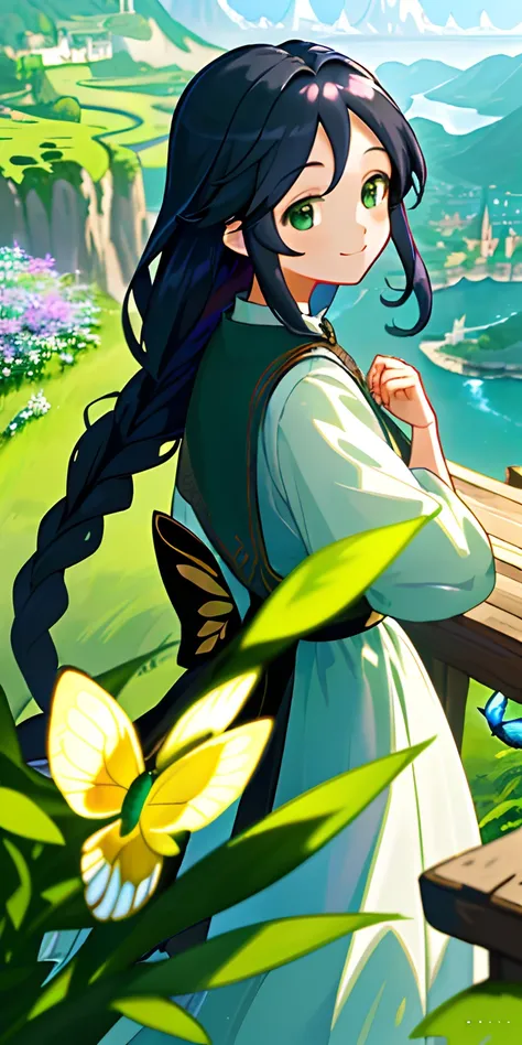 (((Exquisitely)))、high qulity、Super detailed CG Unity 8k wallpaper、((Gorgeous view))、Affectionate characters、((minority))、Long black braid、Dark green eyes、Cheerful and enthusiastic smile、jasmine flowers、butterflys、Scenic beauty