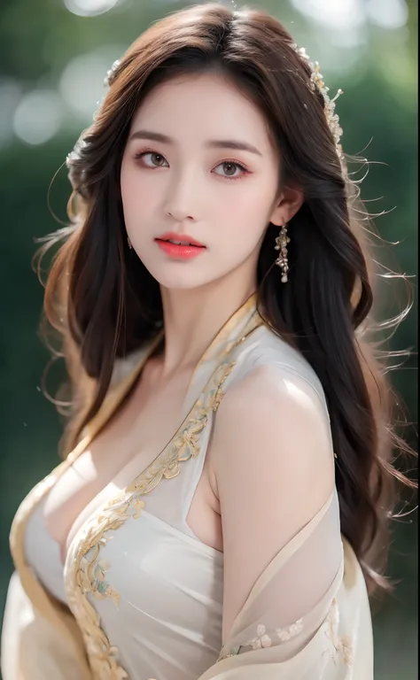 ((Best Quality, 8k, Masterpiece: 1.3)), Focus: 1.2, Perfect Body Beauty: 1.4, Buttocks: 1.2, ((Layered Haircut)), (Wet Clothes: 1.1), (Rain, Street:1.3), (Breasts: 1.2), (Hanfu: 1.2), Bare Shoulders, Bare Legs, Highly Detailed Face and Skin Texture, Fine E...