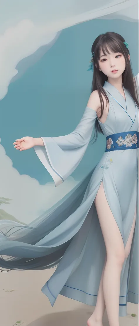 ((4k,masterpiece,best quality)), shuimobysim, Traditional chinese painting, lotuses,Transparent Hanfu, maxiskit, Dress conservatively 1girl, solo, blue long hair, ssmile, standing on your feet, Feet in the water, The barefoot,