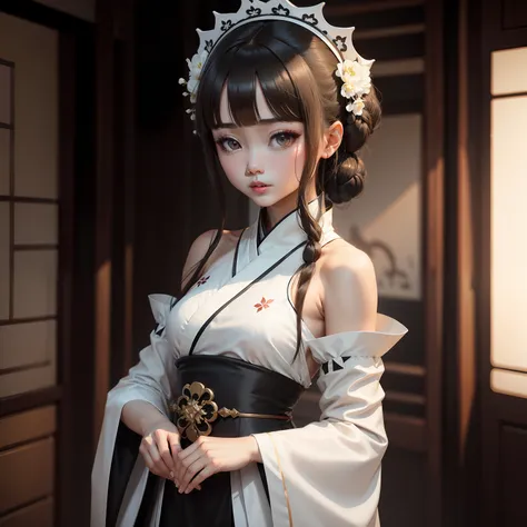 Upper brunette shoulder length，black big eyes，She wore a white Hanfu long gauze dress