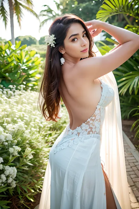 (Best quality, masterpiece: 1.2), portrait, breasts, outdoors, a 25-year-old woman in the garden: 2, white thin summer long dress, light blue flowers in the background mess: 1.3) Same character, different costume, different angle, backlight: 1.5, rich skin...