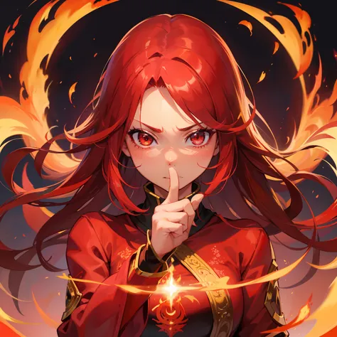 top-quality、1 female、bustup、Point your finger to your mouth、Red gradient hair、Burning bristles、Flame Wizard、Geometric pattern background、Shining eyes、Flames coming out of the fingertips