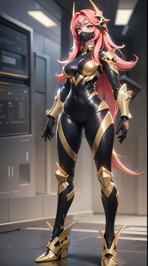 full body picture Unreal Engine 5 8K UHD of a beautiful adult girl, Long golden hair, wearing futuristic black tight battle suit, futuristic tight mask, futuristic neck collar, golden light details, Best quality, Masterpiece