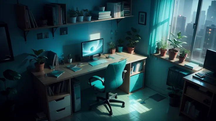 Room at night, ciberpunk, computer desk, houseplants, Books, computer, rain outside the window, Space outside the window, Turquoise light