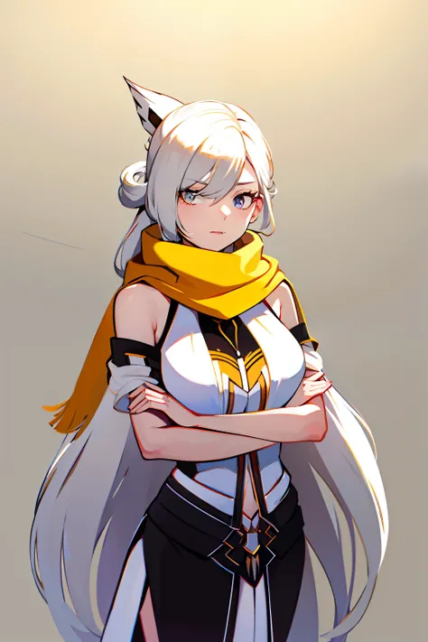 Kizi，standing on your feet，White hair，long whitr hair，solo person，The upper part of the body，cowboy lens，greybackground，Yellow eyes，White color blouse，black cloaths，Short white dress，Yellow scarf