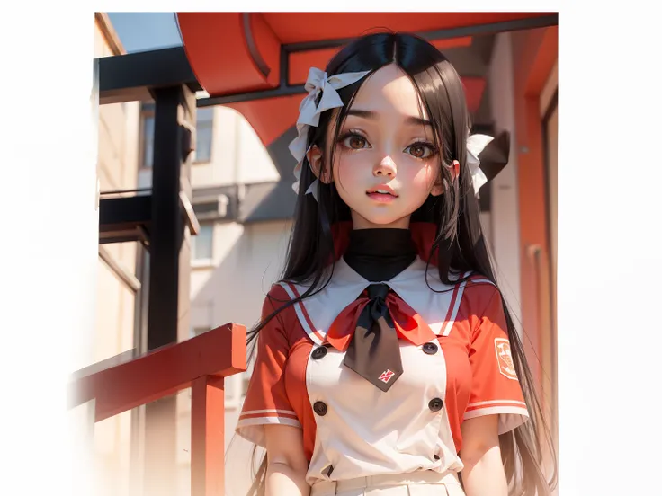 A cute girl with long black hair，Wearing a red and white school uniform，Masterpiece top quality