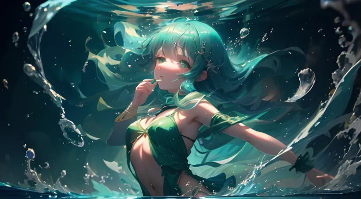 Woman in green dress standing in water, Open your eyes and look into the distance、Anxious look、closes mouth、loish and wlop, anime style 4 k, artwork in the style of guweiz, ross tran 8 k, deviantart artstation cgscosiety, 8k high quality detailed art, very...