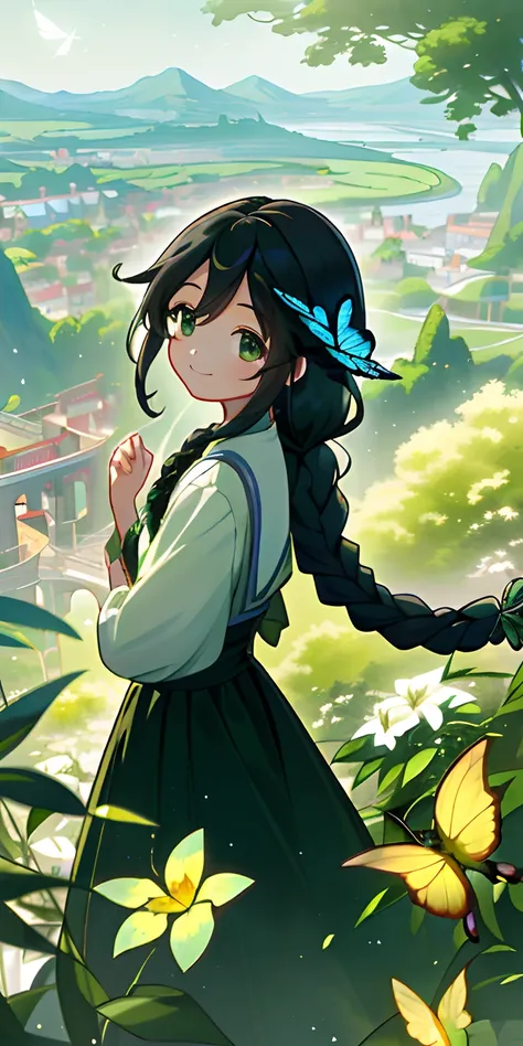 (((Exquisitely)))、high qulity、Super detailed CG Unity 8k wallpaper、((Gorgeous view))、Affectionate characters、((minority))、Long black braid、Dark green eyes、Cheerful and enthusiastic smile、jasmine flowers、butterflys、Scenic beauty