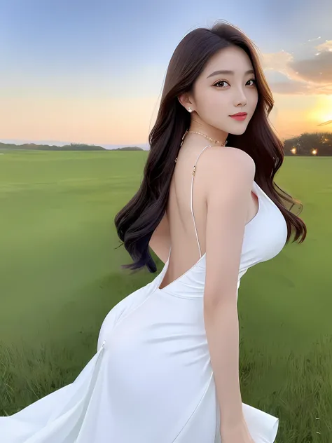 tmasterpiece，high qulity，8k wallpaper，An elegant woman，Beautiful face，ssmile，light make-up，Clavicle chain，，Sexy buttocks，posterior view，Tight print white dress，accentuate figure，Grass background，baiyun，blue-sky，Epic-level graphics