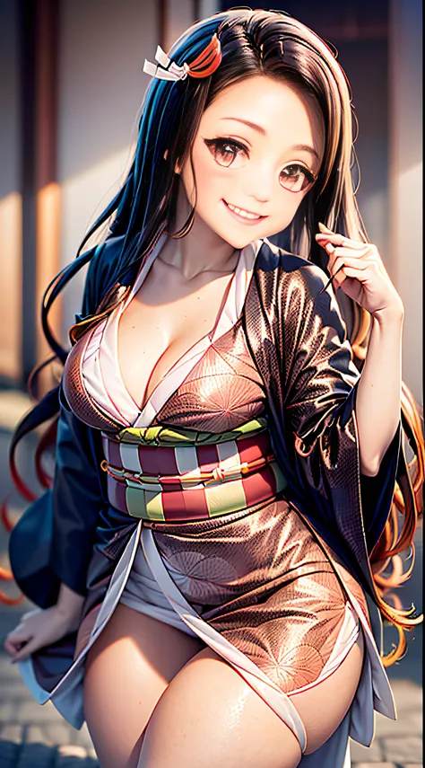 Wear kimono well、(masutepiece: 1.2), Best Quality, masutepiece, High resolution, Original, Highly detailed wallpapers, (super detailing), (Best Illustration), (better shadows), (Nezuko), Smile, blusher,  (perspiring), Under the breasts,