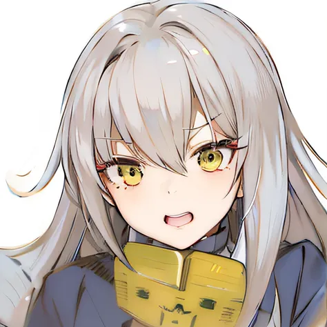 Anime girl with long white hair and yellow eyes holding a piece of bread, extremely cute anime girl face, from girls frontline, roguish smirk, whaite hair, shikamimi, she has a cute expressive face, anime visual of a cute girl, squinting, cute anime face, ...