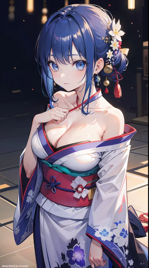 (1girl:1.1), solo focus, looking at viewer, (a 26-year-old girl in a kimono:1.21), wa maid, blue hair, gradient hair, japanese clothes, :d, half updo, hand on own chest, earrings, (cleavage:1.1), standing, comic, traditional media, happy, (celebration:1.1)...