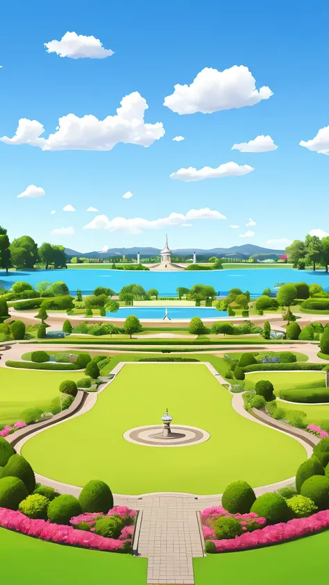 a cartoon style image of a park with a circular lawn and a lake, royal garden background, palace background, park background, mobile game background, game background, detailed lake in background, town center background, highschool background, volley court ...