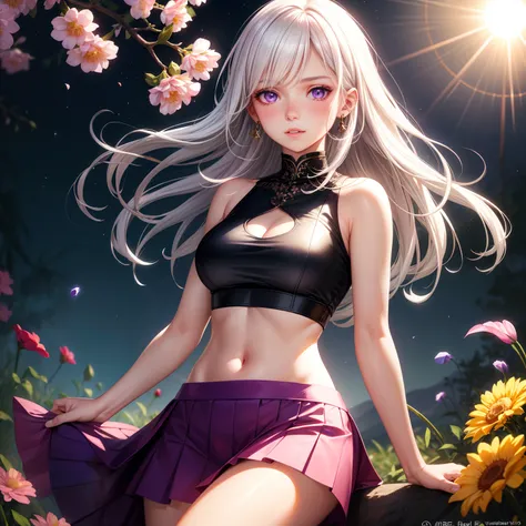 realistic, 1girl, white hair, purple eyes, glowing eyes, crop top, skirt, parted lips, blush, night, flowers, sun, sunlight,