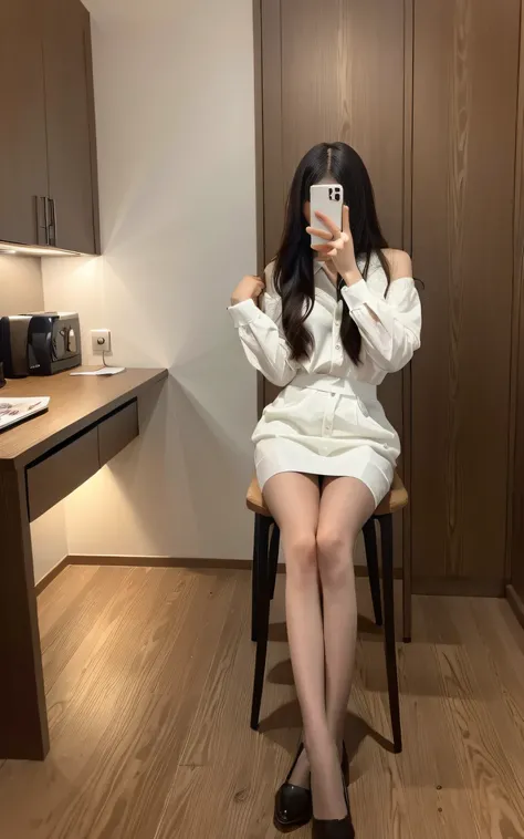 (RAW photo, Best quality), tmasterpiece, Extremely Delicately Beautiful, finedetail, A high resolution,softlighting, rich details​, ((perfecthand:1.2)), One-handed phone covers your face for selfies, 1girll, Thin leg, Long legs, [The girl sits on the edge ...