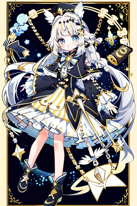 1girll, Solo, ahoge, Braid, Blue eyes, Star (symbol), Blue nails, Boots, full bodyesbian, bow, Animal ears, jewelry, Long hair, view the viewer, nail polish, Fur trim, Shut up, White hair, red headgear, dress, ;Tai, Puffy sleeves, Cape, Hair accessories ha...