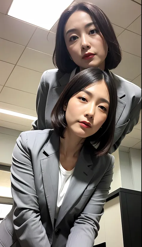 masterpiece,best quality, (1 milf), ((close up:0.5)), ((cross arms)), glare, gray blazer, white shirt, double eyelid, eyelash, lip gloss, (angry:1), ((close eyes:0.85)), ((Looking at Viewer)), RAW, (from below:1), ((nobody)), office,