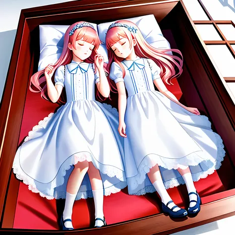 Beautiful twin sisters sleeping in a coffin，White dress，White cotton socks，The older sister wears Blue Mary Jane shoes，The younger sister wears pink Mary Jane shoes，Real Human，serene，florals，Royal Sister