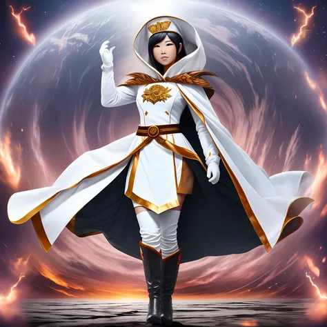 nature guardian typhoon woman wearing a typhoon symbol uniform，white cloak, long white gloves on his hands, wear white knee-leng...