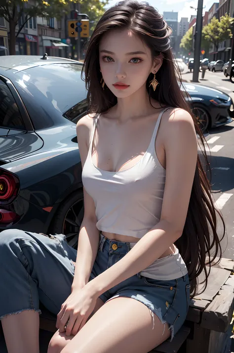 Best quality, masterpiece, super high resolution, (realistic: 1.4), original photo, (evening street), 1 girl, black eyes, looking at the audience, long hair, light makeup, lips, small ears, white t-shirt, denim shorts, earrings, sitting Ferrari, big breast...