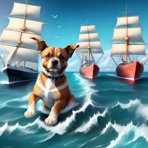 o cachorrinho，the ocean，Sail ships，wide angles，blue-sky，youthfulness