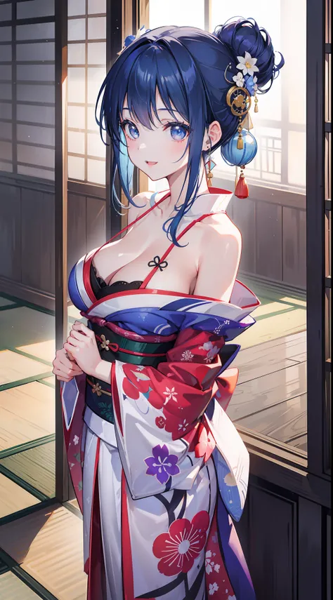 (1girl:1.1), solo focus, looking at viewer, (a 26-year-old girl in a kimono:1.21), wa maid, blue hair, gradient hair, japanese clothes, :d, half updo, arms behind back, earrings, (cleavage:1.1), standing, comic, traditional media, happy, (celebration:1.1),...