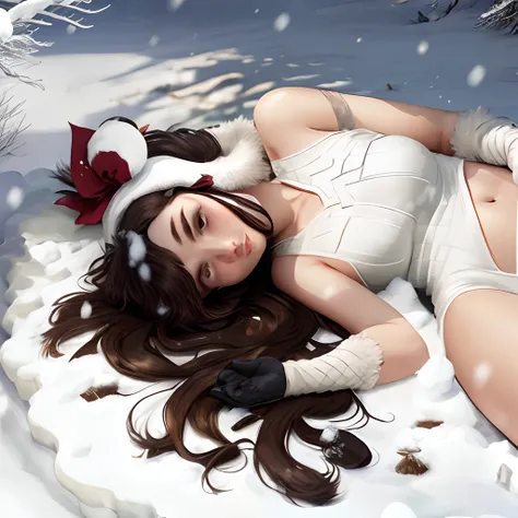 A naked woman lies in the snow