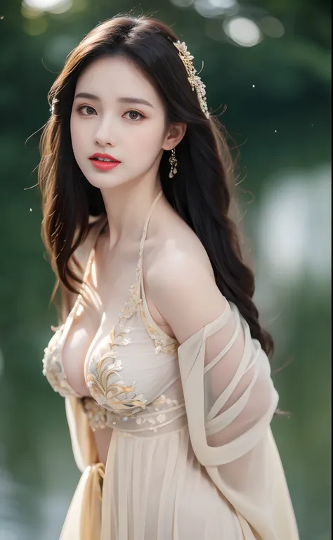 ((Best Quality, 8k, Masterpiece: 1.3)), Focus: 1.2, Perfect Body Beauty: 1.4, Buttocks: 1.2, ((Layered Haircut)), (Wet Clothes: 1.1), (Rain, Street:1.3), (Breasts: 1.2), (Hanfu: 1.2), Bare Shoulders, Bare Legs, Highly Detailed Face and Skin Texture, Fine E...