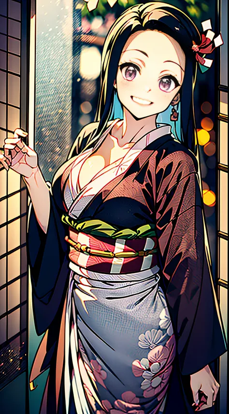 Wear kimono well、(masutepiece: 1.2), Best Quality, masutepiece, High resolution, Original, Highly detailed wallpapers, (super detailing), (Best Illustration), (better shadows), (Nezuko), Smile, blusher,  (perspiring), Under the breasts,