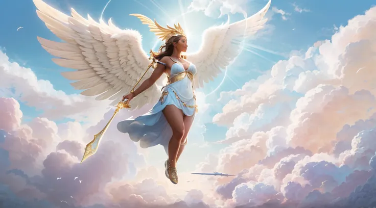 (Goddess of Victory, Nike flies in the clouds), blue sky and white clouds, Greek mythology, Legendary creatures, Creatures, conceptart, dreamy, backlight, fantastical, drop shadow, Smooth,