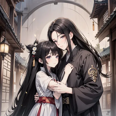 A pair of long black hair in ancient China，A father and daughter in white Hanfu hugged together，Uncle and loli 1.5（Hanfu 1.8））（The background is an ancient Chinese village 1.5）（Crying expression 1.5）Anime style 4 K，Anime rendering，style of anime。8k，（Upper ...