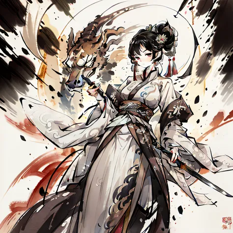 Full body Antique Style Chivalry Chinese Style Beautiful woman in white gauze Hanfu with sword fighting Ink style Hanfu Chinese painting ink style