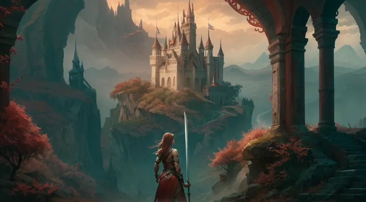 a woman in a fantasy setting with a sword and a castle, detailed digital 2d fantasy art, 4k fantasy art, high quality fantasy art, 2. 5 d cgi anime fantasy artwork, detailed fantasy art, digital 2d fantasy art, hd fantasy art, fantasy game art, 8k fantasy ...