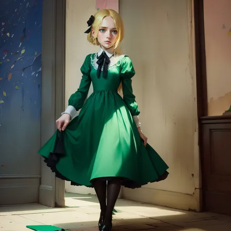 The girl stands, a emerald frock, white collar and white cuffs. yellow hair, blue eyes, blue scarf-ribbon on neck,long emerald frock with emerald sleeves, black tights, brown shoes, a palette knife in her hands