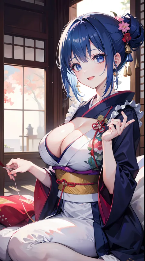 (1girl:1.1), solo focus, looking at viewer, (a 26-year-old girl in a kimono:1.21), wa maid, blue hair, gradient hair, japanese clothes, :d, undressing, lie in bed, half updo, earrings, (cleavage:1.1), comic, traditional media, happy, (celebration:1.1), lar...