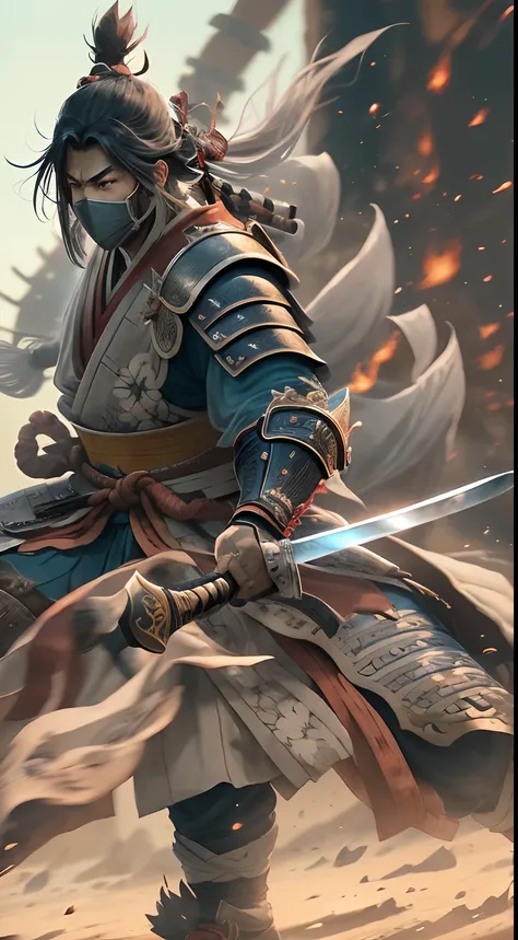 (8k), Ultra resolution 8K, Stunning illustration of a samurai warrior , Powerful Hero, Warrior Prince,Traje de samurai Athletic Body samurai, armadura muy bien detallada,((sostiene una gran hacha de espada)), cinematic lighting,action pose, agregar efecto ...