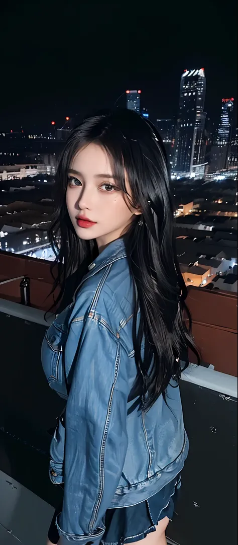 ((Midnight, Best quality, 8k, Masterpiece :1.3)), (close up), Sharp focus, A pretty woman with perfect figure, ((black hair, Big breasts)), (denim jacket, short skirt, Standing), ((Night city view, Rooftop)), Highly detailed face and skin texture, Detailed...