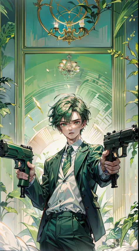 ((Masterpiece: 1.4, Best Quality)), ((Masterpiece, Best Quality)), short green hair and big eyes, 19 year old young man, delicate hair, serious, suit, arm outstretched gun, dark atmosphere