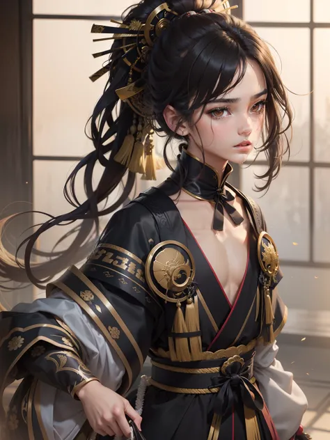 （A masterpiece），A teenager，（exquisite facial features），（Very fine CG），（Highest image quality），（exquisite facial features），Messy hair，long eyelasher，brunette color hair，High short ponytail，Golden eyes，Black Japanese samurai uniform，A male god，