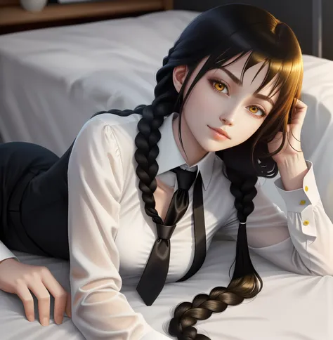 Detailed shiny skin，（Fidelity，Fidelity：1.4），A pretty girl，Lie down in bed，white  shirt，collared shir，black necktie，Black pantsuit，longer sleeves，ssmile（Nasal redness），yellow eyes ，short detailed hair+redheadwear+long braid，makima(chainsawman)