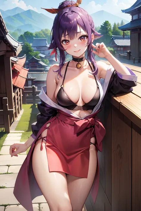 best quality, masterpiece, (leaning over:1.2), 1girl, yuzuriha_(jigokuraku), purple hair, brown eyes, ninja, open clothes, cleavage, small breasts, topknot, medium hair, breasts apart, seductive smile, (blush:1.1), japanese exterior, temple, sengoku period...