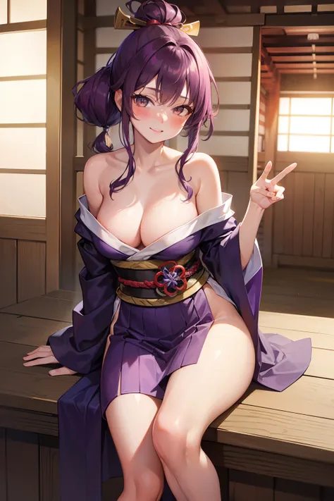 best quality, masterpiece, (leaning over:1.2), 1girl, yuzuriha_(jigokuraku), purple hair, brown eyes, ninja, open clothes, cleavage, small breasts, topknot, medium hair, breasts apart, seductive smile, (blush:1.1), japanese exterior, temple, sengoku period...