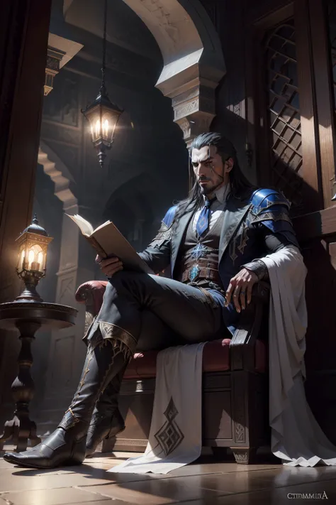 Castlevania Lord of the shadows sitting in great Legendary riad environnement moroccan hyper realistic super detailed Dynamic shot