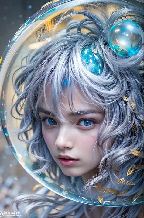 (masterpiece, top quality, best quality, official art, beautiful and aesthetic:1.2), (1 naked girl:1.2), cute, extreme detailed,(abstract:1.4, fractal art:1.3),(silver_hair:1.1), blue eyes,colorful,highest detailed, Beautiful girl trapped inside a big soap...