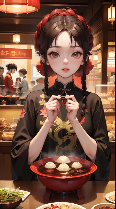 Chengdu girl eats hot pot，Delicate facial features，Delicate，（There is lotus embroidery on the clothes：1.4），（Chinese red：1.4），Lively street stalls，the night，red colour，Abundant hot pot ingredients，Twist braids，8K，super-fine，tmasterpiece，Accurate hands，Detai...